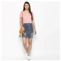 Women's Denim Tie Up Buttoned Skirt (Blue) - L