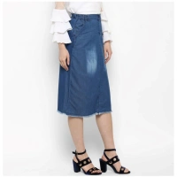 Women's Denim Washed Buttoned Skirt (Blue) - 2XL