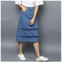Women's Denim Washed Buttoned Skirt (Blue) - 2XL