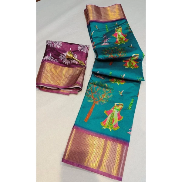 Shopnav Women's Digital Dolla Silk Printed Saree With Unstitched Blouse 5.5Mtr (Turquoise Green)