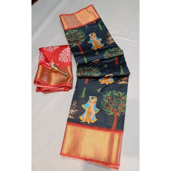 Shopnav Women's Digital Dolla Silk Printed Saree With Unstitched Blouse 5.5Mtr (Black)