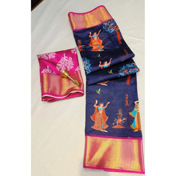 Shopnav Women's Digital Dolla Silk Printed Saree With Unstitched Blouse 5.5Mtr (Navy Blue)