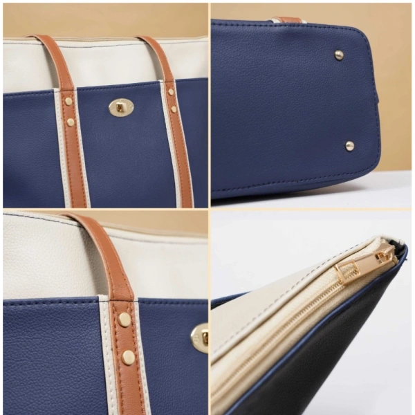Shopnav Women's Faux Leather Large Shoulder Zipper Handbag (Dark Blue) - Dark Blue