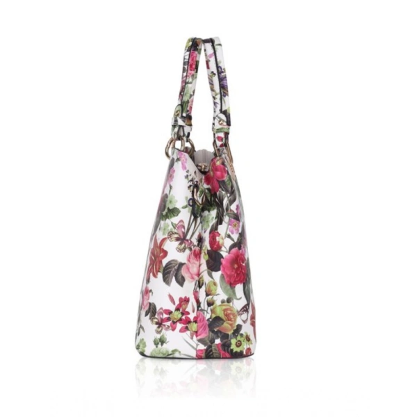 Shopnav Women's Faux Leather Printed Handheld Bag (White Pink) - White Pink