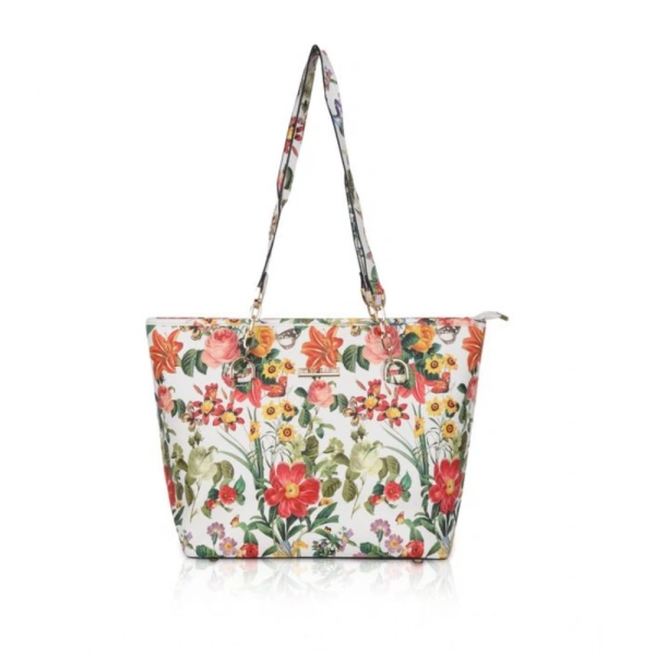 Shopnav Women's Faux Leather Printed Tote Bag (White Orang) - White Orang