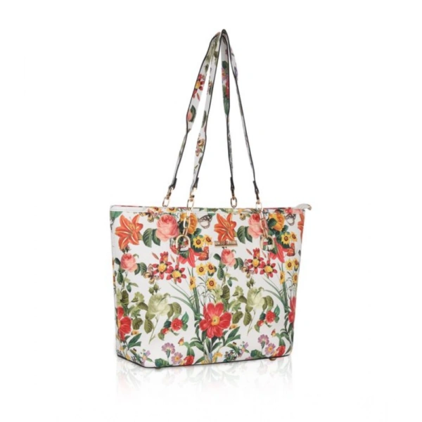 Shopnav Women's Faux Leather Printed Tote Bag (White Orang) - White Orang