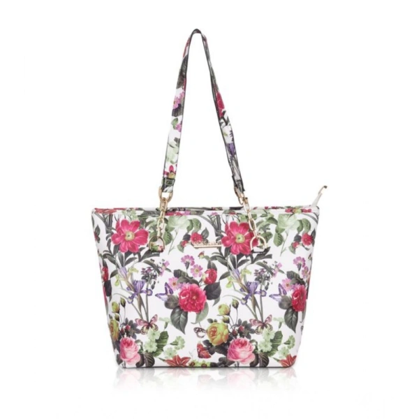 Shopnav Women's Faux Leather Printed Tote Bag (White Pink) - White Pink