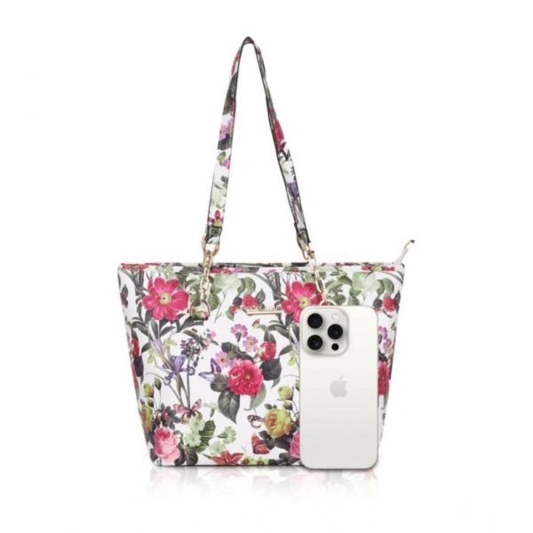 Shopnav Women's Faux Leather Printed Tote Bag (White Pink) - White Pink
