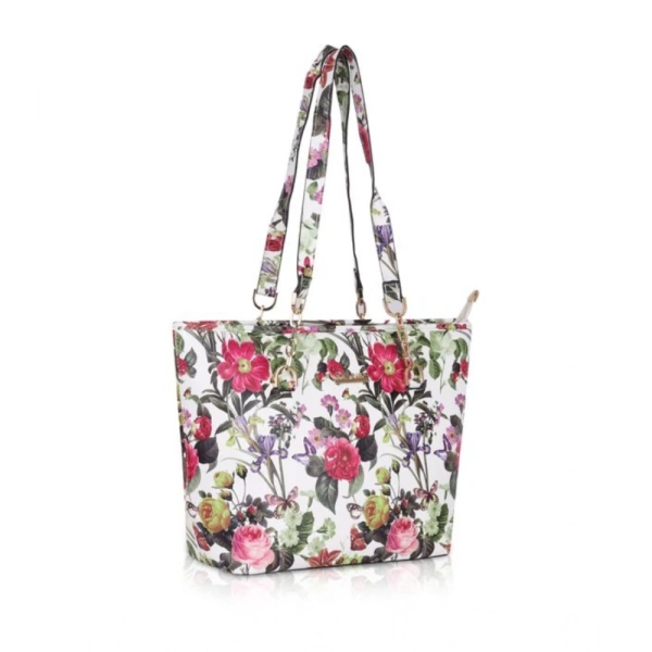 Shopnav Women's Faux Leather Printed Tote Bag (White Pink) - White Pink