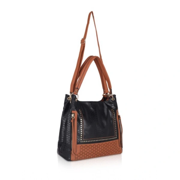 Shopnav Women's Faux Leather Textured Tote Bag (Black) - Black