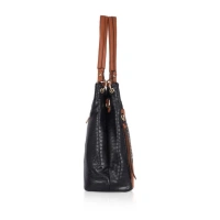 Shopnav Women's Faux Leather Textured Tote Bag (Black) - Black