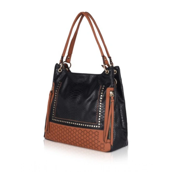 Shopnav Women's Faux Leather Textured Tote Bag (Black) - Black