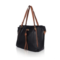 Shopnav Women's Faux Leather Textured Tote Bag (Black) - Black