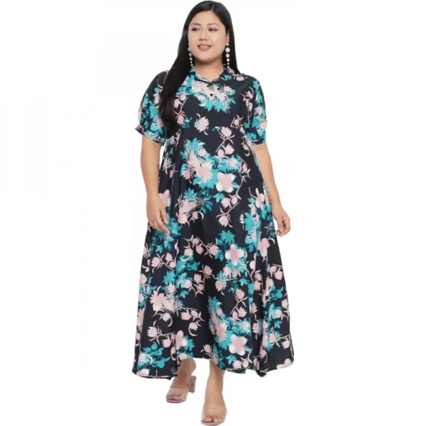 Generic Women's Fit And Flare Green Dress (Color:MulticolorMaterial:Polyester) - Multicolor, 3/4th Sleeve, 4XL