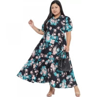 Generic Women's Fit And Flare Green Dress (Color:MulticolorMaterial:Polyester) - Multicolor, 3/4th Sleeve, 4XL