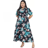 Generic Women's Fit And Flare Green Dress (Color:MulticolorMaterial:Polyester) - Multicolor, 3/4th Sleeve, 4XL