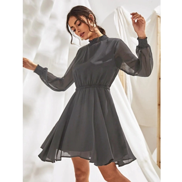 Women's Fox Georgette Solid High Neck Full Sleeve Dresses (Grey) - M