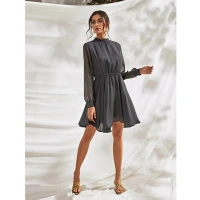 Women's Fox Georgette Solid High Neck Full Sleeve Dresses (Grey) - M