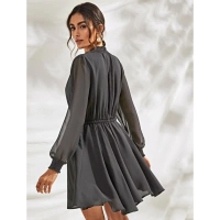 Women's Fox Georgette Solid High Neck Full Sleeve Dresses (Grey) - M