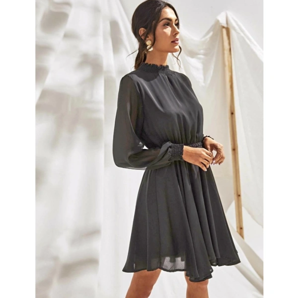 Women's Fox Georgette Solid High Neck Full Sleeve Dresses (Grey) - M