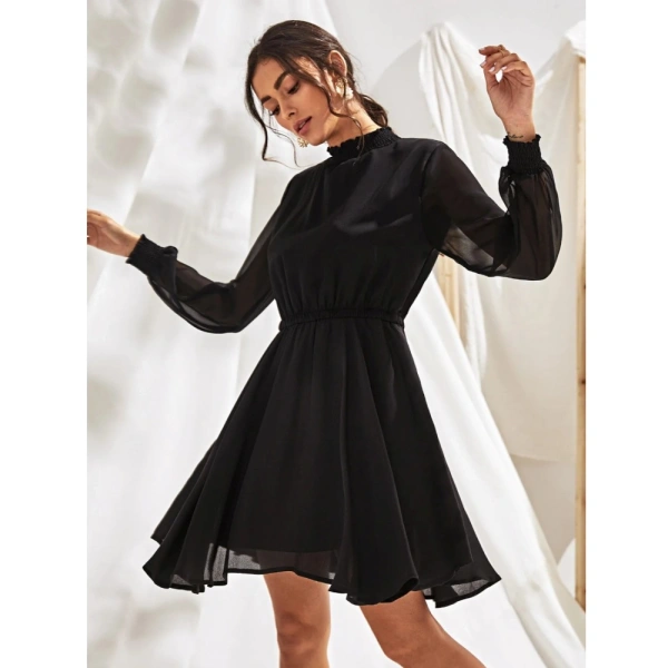 Women's Fox Georgette Solid High Neck Full Sleeve Dresses (Black) - L