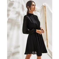 Women's Fox Georgette Solid High Neck Full Sleeve Dresses (Black) - L