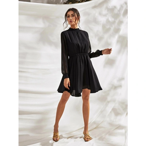 Women's Fox Georgette Solid High Neck Full Sleeve Dresses (Black) - L