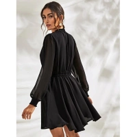 Women's Fox Georgette Solid High Neck Full Sleeve Dresses (Black) - L