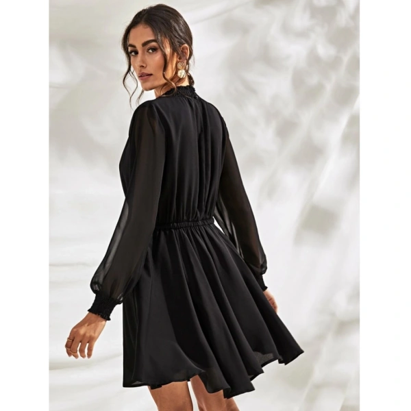 Women's Fox Georgette Solid High Neck Full Sleeve Dresses (Black) - L