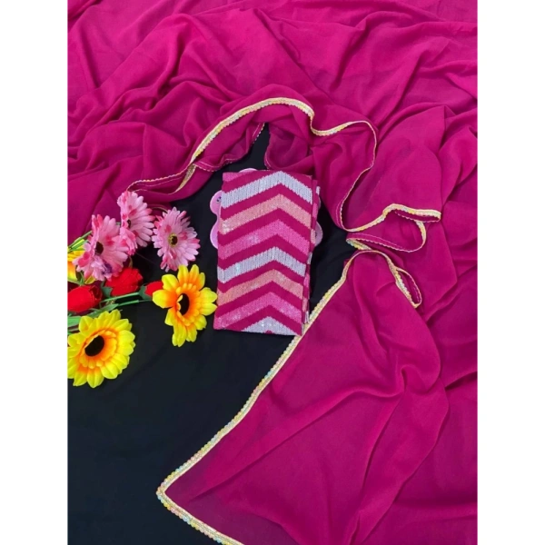 Generic Women's Fox Georgette Solid Saree With Unstitched Blouse 5.5Mtr (Pink) - Pink