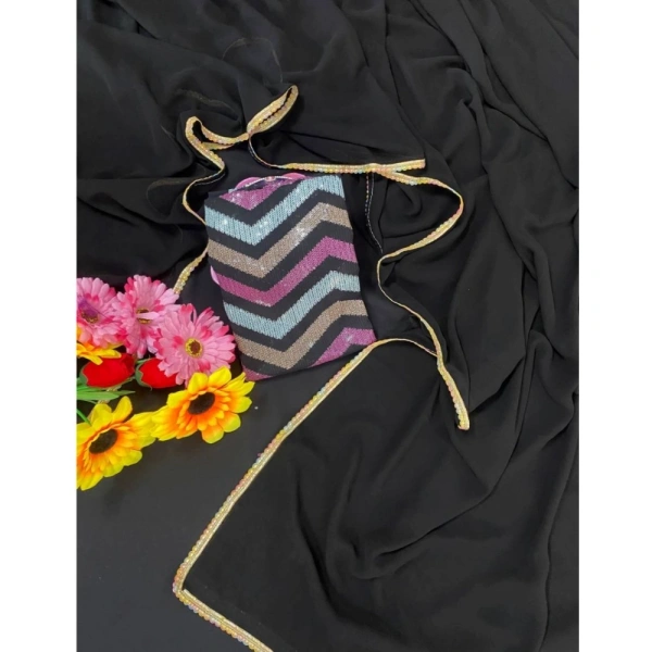 Generic Women's Fox Georgette Solid Saree With Unstitched Blouse 5.5Mtr (Black) - Black