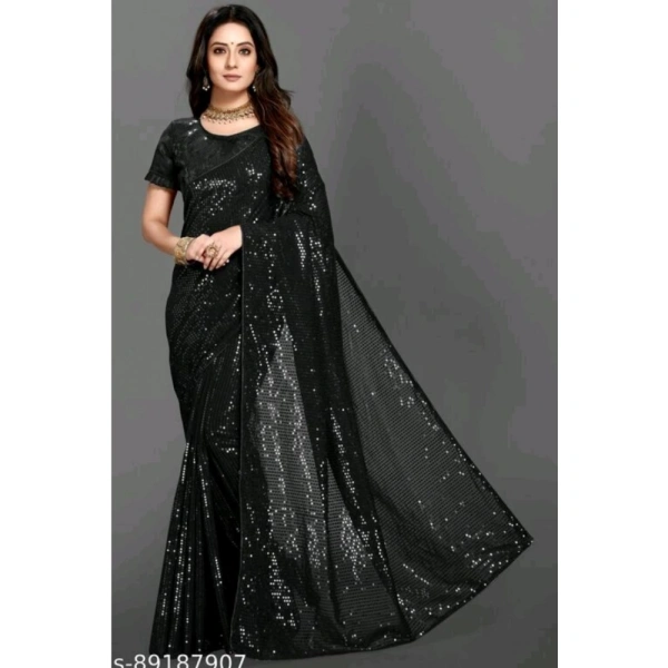 Generic Women's Georgette Embellished Sequnece Bollywood Saree With Unstitched Blouse 5.5Mtr (Black) - Black