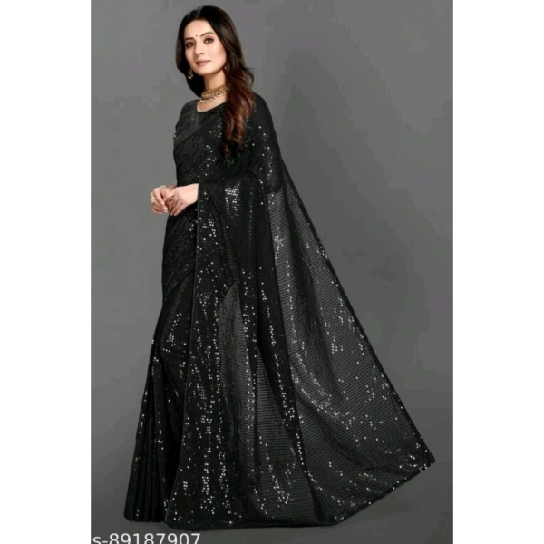 Generic Women's Georgette Embellished Sequnece Bollywood Saree With Unstitched Blouse 5.5Mtr (Black) - Black