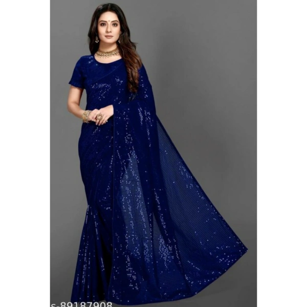 Generic Women's Georgette Embellished Sequnece Bollywood Saree With Unstitched Blouse 5.5Mtr (Blue) - Blue