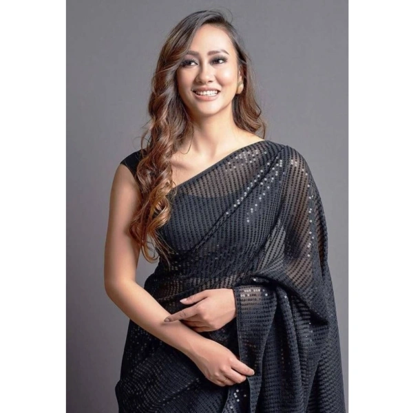 Generic Women's Georgette Embellished Sequnece Bollywood Saree With Unstitched Blouse 5.5Mtr (Black) - Black