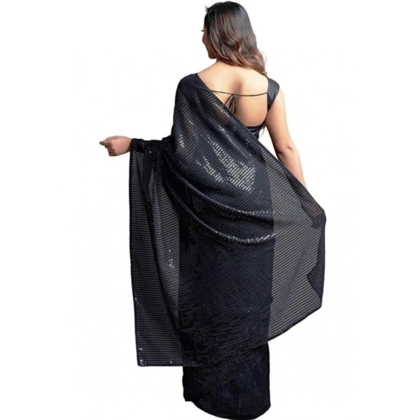 Generic Women's Georgette Embellished Sequnece Bollywood Saree With Unstitched Blouse 5.5Mtr (Black) - Black
