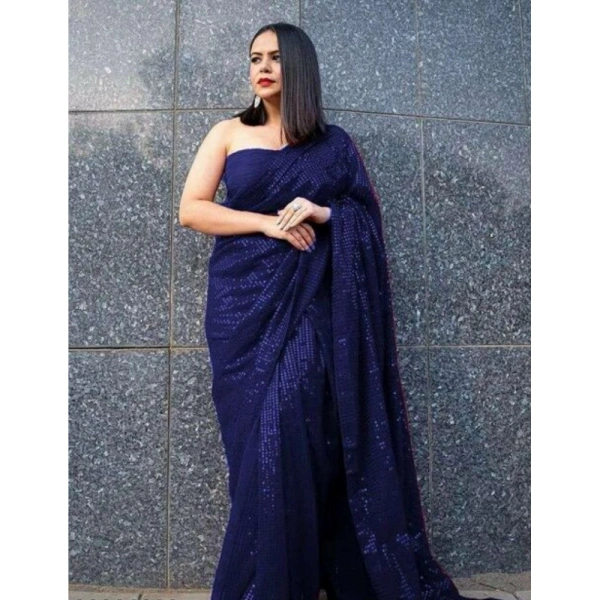 Generic Women's Georgette Embellished Sequnece Bollywood Saree With Unstitched Blouse 5.5Mtr (Blue) - Blue