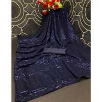 Generic Women's Georgette Embellished Sequnece Bollywood Saree With Unstitched Blouse 5.5Mtr (Blue) - Blue