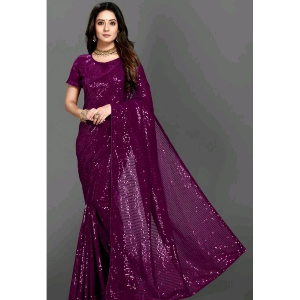 Generic Women's Georgette Embellished Sequnece Bollywood Saree With Unstitched Blouse 5.5Mtr (Purple) - Purple