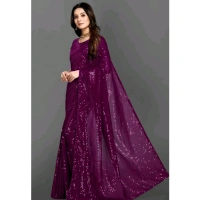 Generic Women's Georgette Embellished Sequnece Bollywood Saree With Unstitched Blouse 5.5Mtr (Purple) - Purple