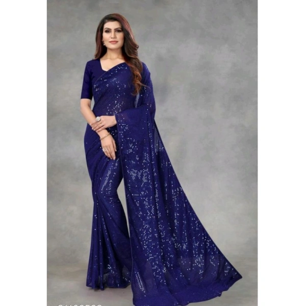 Generic Women's Georgette Embellished Sequnece Bollywood Saree With Unstitched Blouse 5.5Mtr (Blue) - Blue