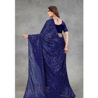 Generic Women's Georgette Embellished Sequnece Bollywood Saree With Unstitched Blouse 5.5Mtr (Blue) - Blue