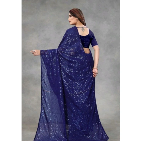 Generic Women's Georgette Embellished Sequnece Bollywood Saree With Unstitched Blouse 5.5Mtr (Blue) - Blue
