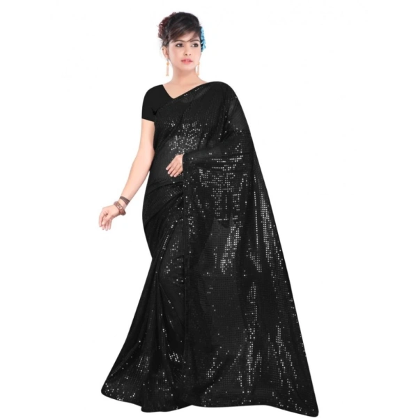 Generic Women's Georgette Embellished Sequnece Bollywood Saree With Unstitched Blouse 5.5Mtr (Black) - Black