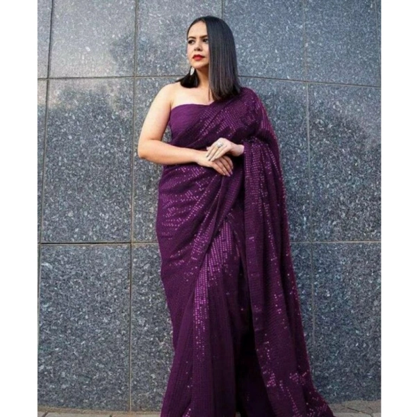 Generic Women's Georgette Embellished Sequnece Bollywood Saree With Unstitched Blouse 5.5Mtr (Purple) - Purple