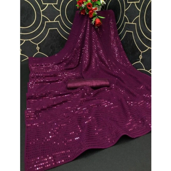 Generic Women's Georgette Embellished Sequnece Bollywood Saree With Unstitched Blouse 5.5Mtr (Purple) - Purple