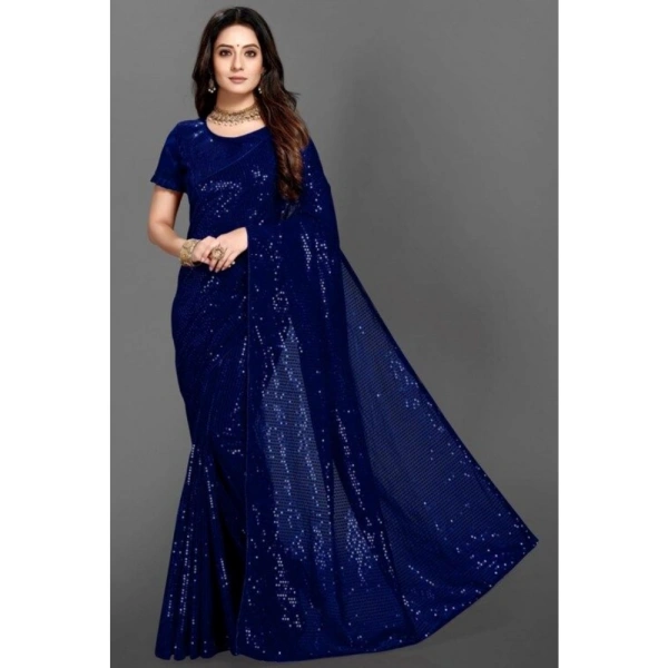 Generic Women's Georgette Embellished Sequnece Bollywood Saree With Unstitched Blouse 5.5Mtr (Blue) - Blue