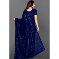 Generic Women's Georgette Embellished Sequnece Bollywood Saree With Unstitched Blouse 5.5Mtr (Blue) - Blue