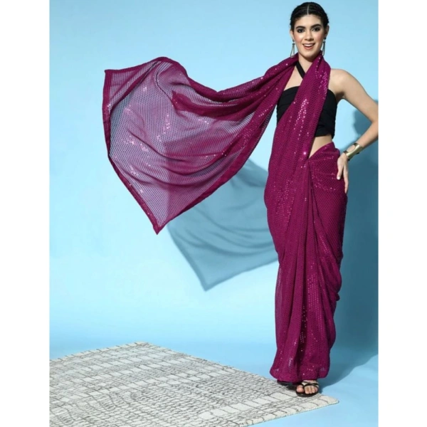 Generic Women's Georgette Embellished Sequnece Bollywood Saree With Unstitched Blouse 5.5Mtr (Wine) - Wine