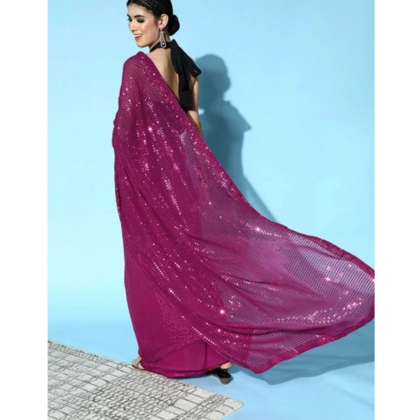Generic Women's Georgette Embellished Sequnece Bollywood Saree With Unstitched Blouse 5.5Mtr (Wine) - Wine